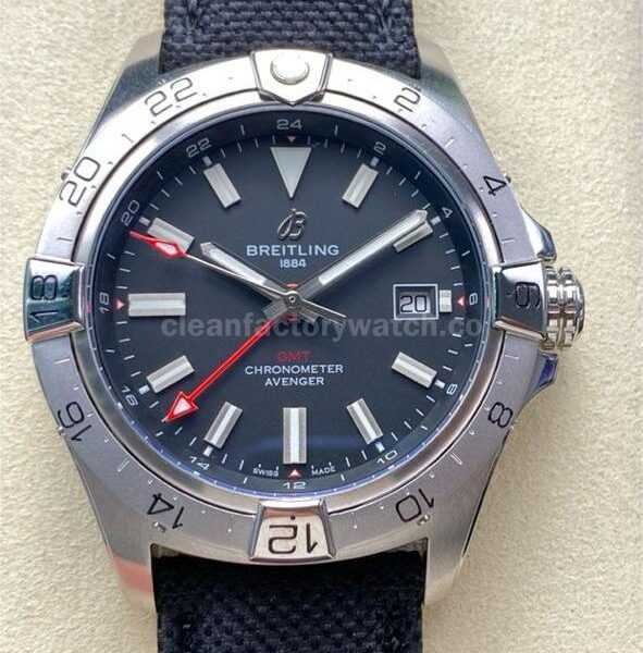 BLS Factory Breitling Avenger A323201A1B1X1 44mm Steel Calf Skin Strap Red GMT Needle Black Dial