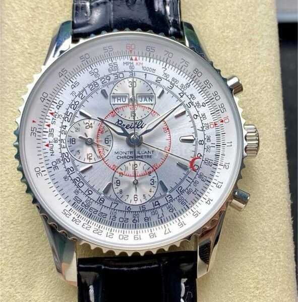 BLS Factory Breitling Montbrillant Datora A2133012G518 43mm Steel Leather Strap Silver Dial