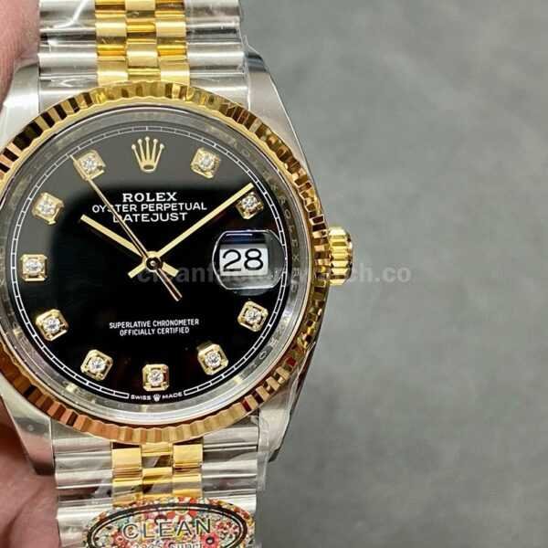 Clean Factory Rolex Datejust 126233-0021 36mm Half Gold Diamond Black Dial