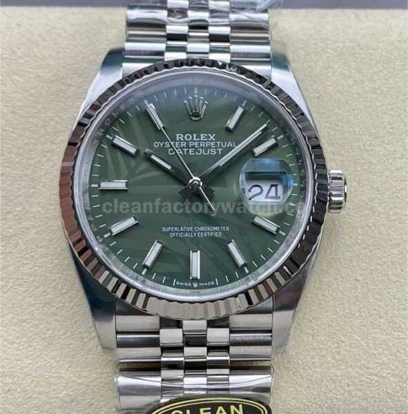Clean Factory Rolex Datejust 126234-0047 36mm Full 904L Olive Green Palm Motif Dial Jubilee