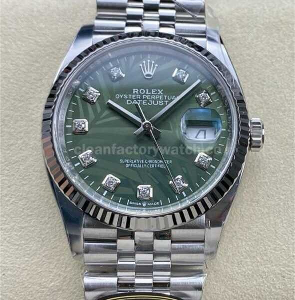 Clean Factory Rolex Datejust 126234-0055 36MM Full 904L Diamond Olive Green Palm Motif Dial Jubilee