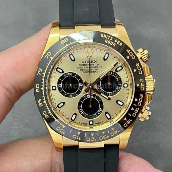 Clean Factory Rolex Daytona 116518LN-0048 40MM Yellow Gold, Rubber Strap Black Eye Gold Dial