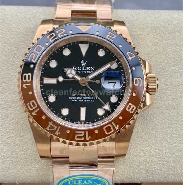 Clean Factory Rolex Rootbeer GMT-MASTER II 126715CHNR-0001 40mm Full Rose Gold Black Dial  Brand : Rolex