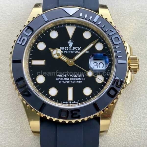 Clean Factory Rolex Yacht-Master 226658-0001 42mm Yellow Gold Rubber Strap Black Dial