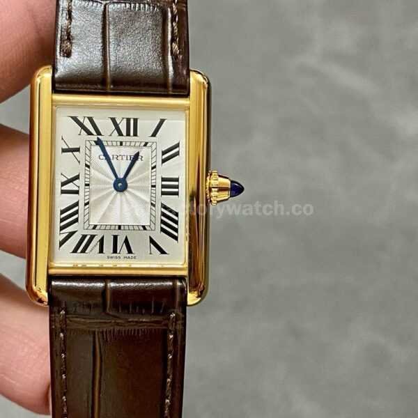 F1 Factory Cartier Tank Louis Cartier W1529756 25.5mm Yellow Gold Leather Strap Roman Numerals Silver Dial