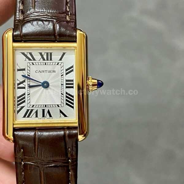 F1 Factory Cartier Tank Louis Cartier W1529856 22mm Yellow Gold Brown Leather Strap Roman Numerals Silver Dial