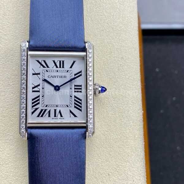 F1 Factory Cartier Tank Louis Cartier W4TA0017 25.5mm Diamond Bezel Steel Leather Strap Roman Numerals Silver Dial