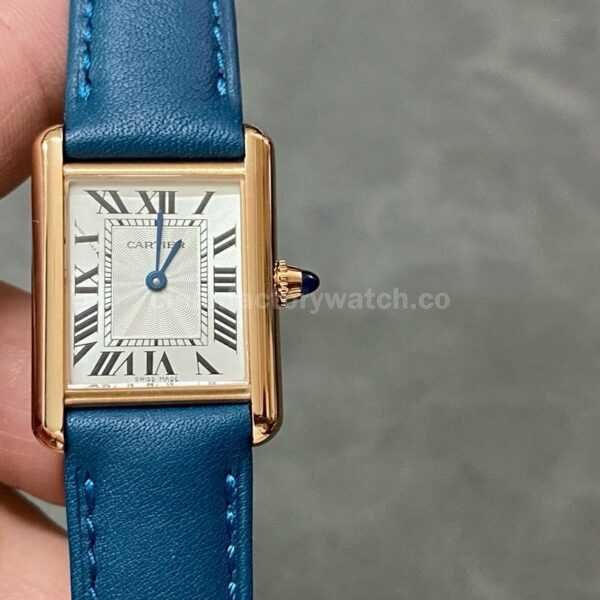 F1 Factory Cartier Tank Louis Cartier WGTA0010 22mm Rose Gold Blue Leather Strap Roman Numerals Silver Dial