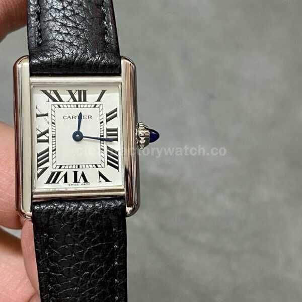 F1 Factory Cartier Tank Louis Cartier WSTA0042 22mm Steel Black Leather Strap Roman Numerals Silver Dial