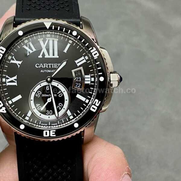 F5 Factory Cartier Calibre de Cartier Diver W7100056 42mm Steel Rubber Strap Roman Numerals Black Dial