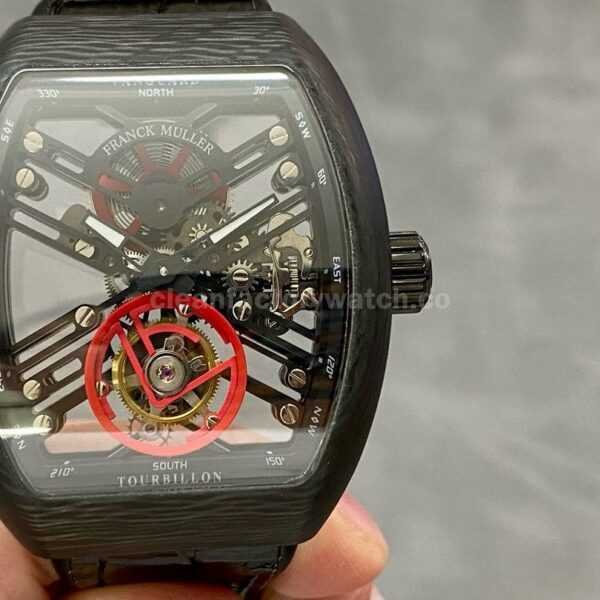 FM Factory Franck Muller Tourbillon Vanguard V45 T SQT CARBON.ER 44mm Carbon Leather Strap Black Skeleton Dial