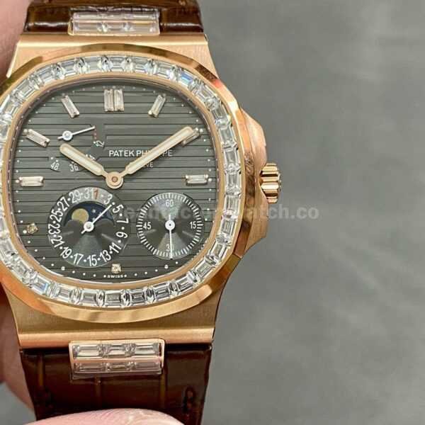 GR Factory Patek Philippe Nautilus 5712G Diamond Bezel Rose Gold Leather Strap Grey Dial
