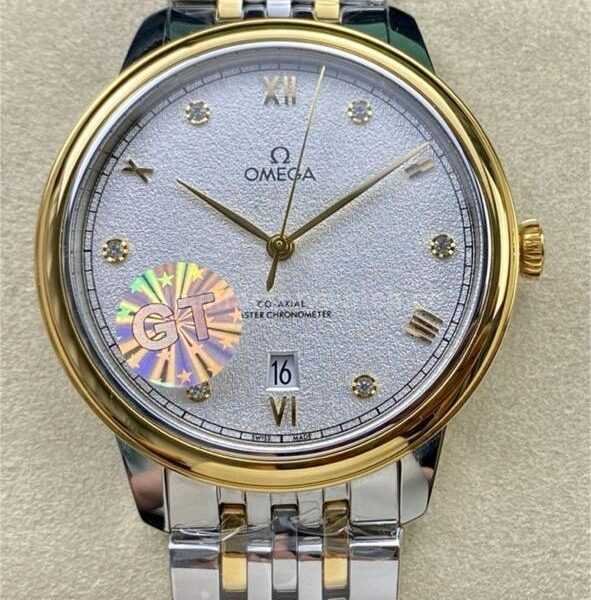 GT Factory Omega De Ville Prestige 434.20.40.20.52.001 40mm Half Gold Steel Gold Diamond Point&Roman Number Silver Frosting Dial