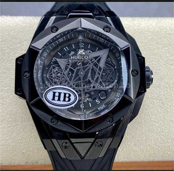 HB Factory Hublot Big Bang Sang Bleu 418.CX.1114.RX.MXM20 45mm Ceramic Black Rubber Strap Grey Needle Skeletonized Black Dial