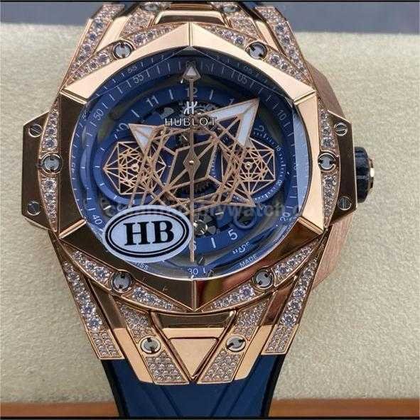 HB Factory Hublot Big Bang Sang Bleu 418.OX.5108.RX.1604.MXM20 45mm Rose Gold Diamond Blue Rubber Strap Skeletonized Blue Dial