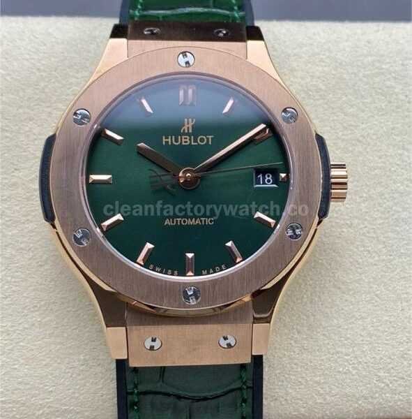 HB Factory Hublot Classic Fusion 565.OX.8980.RX 38mm Rose Gold Leather Strap Green Dial