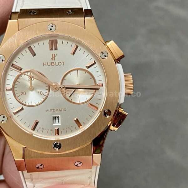 HB Factory Hublot Classic Fusion Chronograph 45mm Rose Gold Leather Strap White Dial