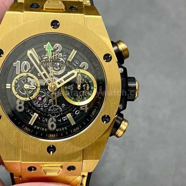 HUB Factory Hublot Big Bang Unico 411.VX.1189.VR.USB16 45mm Yellow Gold Leather Strap Arabic Numerals Skeletonized Dial