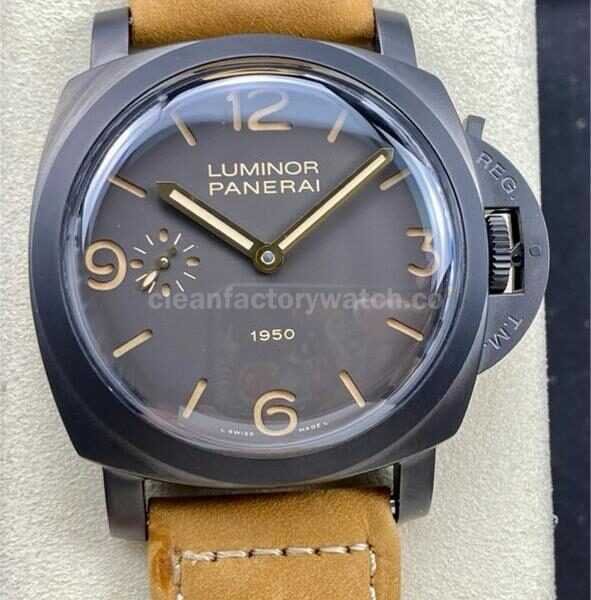 HW Factory Panerai Luminor 1950 3 Days Power Reserve PAM 00375 47mm Ceramic Leather Strap Arabic Numerals Black Dial