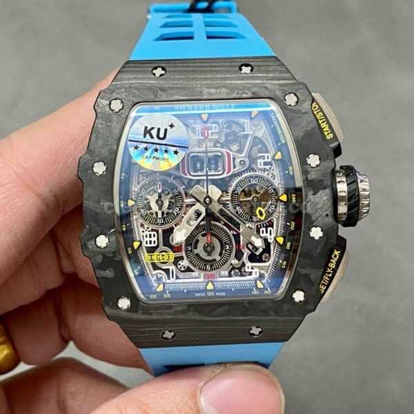 KU Factory Richard Mille RM 011-03 44.5mm Carbon Fiber Blue Rubber Strap Arabic Numerals Skeletonized Dial