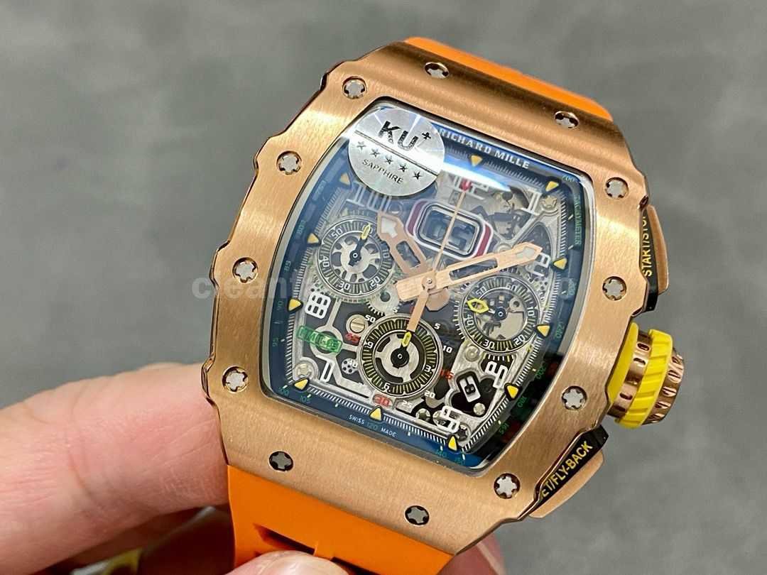 KU Factory Richard Mille RM11 03 44.5mm Rose Gold Orange Rubber Strap Skeletonized Dial (1)