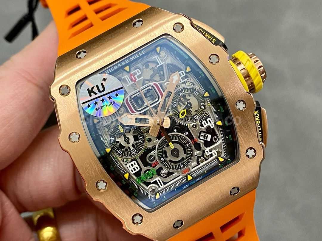 KU Factory Richard Mille RM11 03 44.5mm Rose Gold Orange Rubber Strap Skeletonized Dial (12)