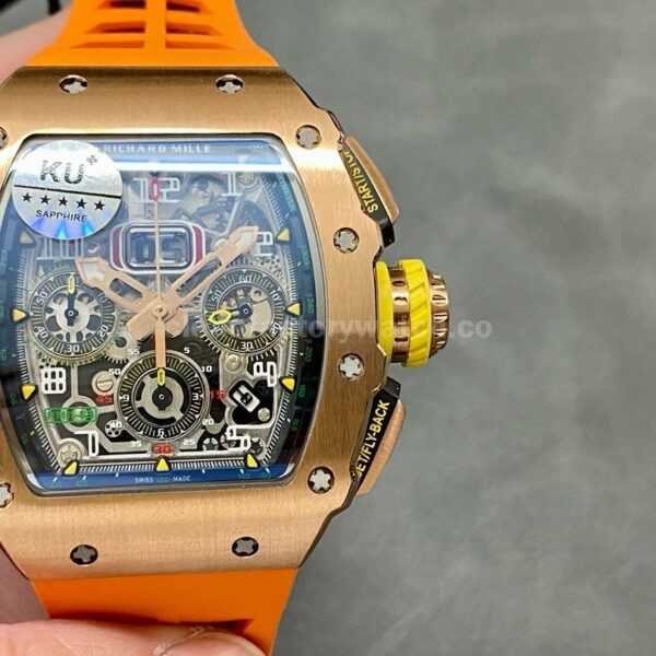 KU Factory Richard Mille RM11-03 44.5mm Rose Gold Orange Rubber Strap Skeletonized Dial