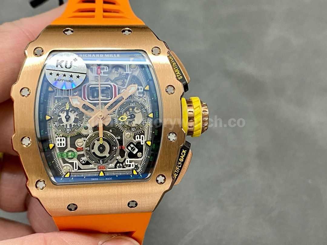 KU Factory Richard Mille RM11 03 44.5mm Rose Gold Orange Rubber Strap Skeletonized Dial (3)