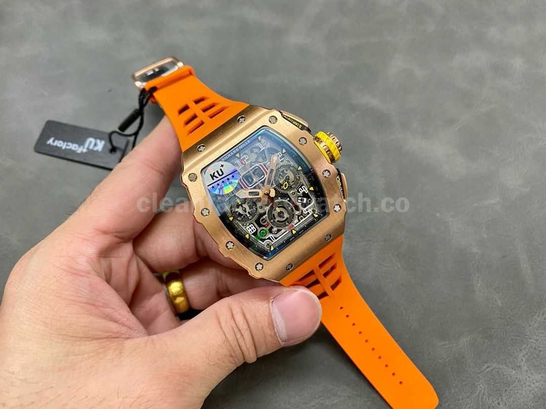 KU Factory Richard Mille RM11 03 44.5mm Rose Gold Orange Rubber Strap Skeletonized Dial (4)