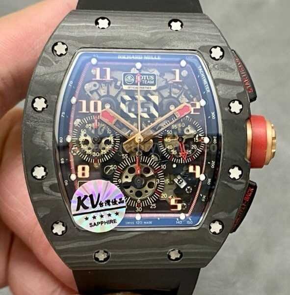 KV Factory Richard Mille RM011-03 44.5mm Carbon Fiber Black Rubber Strap Arabic Numerals Skeletonized Dial
