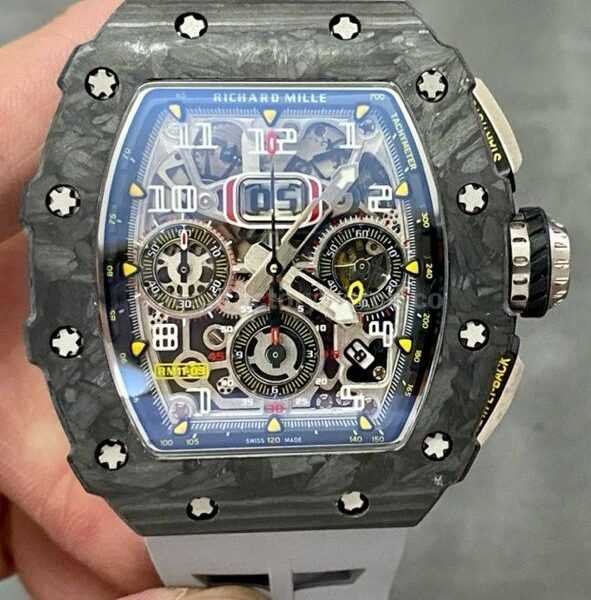 KV Factory Richard Mille RM011-03 44.5mm Carbon Fiber Grey Rubber Strap Arabic Numerals Skeletonized Dial