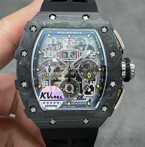 KV Factory Richard Mille RM011-03 44.5mm Carbon Fiber Black Rubber Strap Arabic Numerals Skeletonized Dial