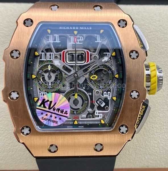 KV Factory Richard Mille RM011-03 44.5mm Rose Gold Black Rubber Strap Arabic Numerals Skeletonized Dial