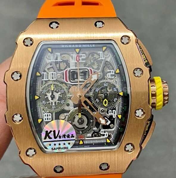KV Factory Richard Mille RM011-03 44.5mm Rose Gold Orange Rubber Strap Arabic Numerals Skeletonized Dial