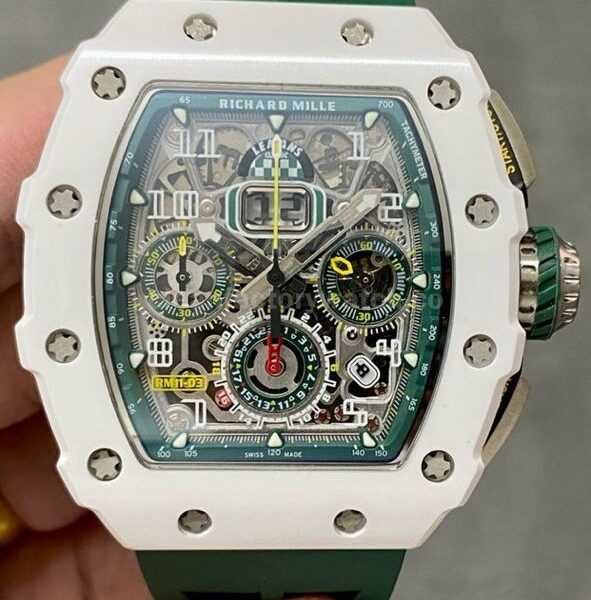 KV Factory Richard Mille RM011-03 CA ATZ 44.5mm Ceramic Green Rubber Strap Skeletonized Green Dial