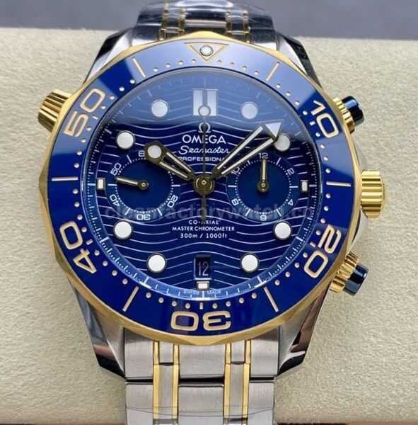 N1 Factory Omega Seamaster Diver 300M Co-Axial Chronometer Chronograph 210.20.44.51.03.001 44mm Full Steel Gold Strap Blue Dial
