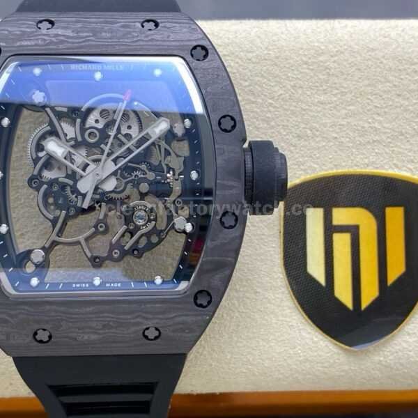 NEW Factory Richard Mille RM055 Abu Dhabi 42.7mm Carbon Fiber Black Rubber Strap Skeletonized Black Dial