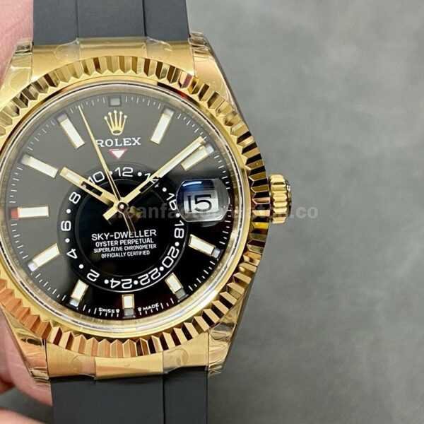 Noob Factory Rolex Sky-Dweller 336238-0002 42mm Yellow Gold Rubber Strap Black Dial