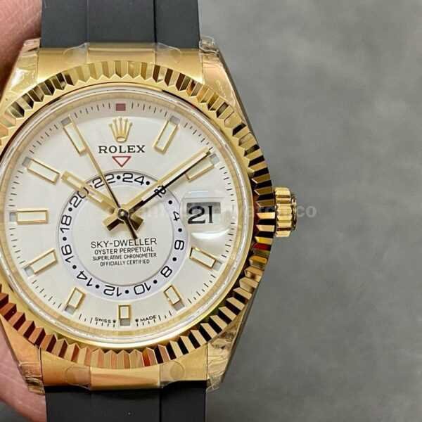 Noob Factory Rolex Sky-Dweller 336238-0003 42mm Yellow Gold Rubber Strap White Dial