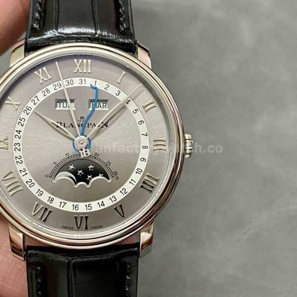 OM Factory Blancpain Villeret Quantième Complet 6654-1113-55B 40mm Steel Leather Strap Roman Numerals Grey Dial