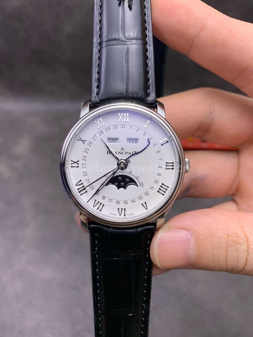 OM Factory Blancpain Villeret Quantième Complet 6654 1127 55B 40mm Steel Leather Strap Roman