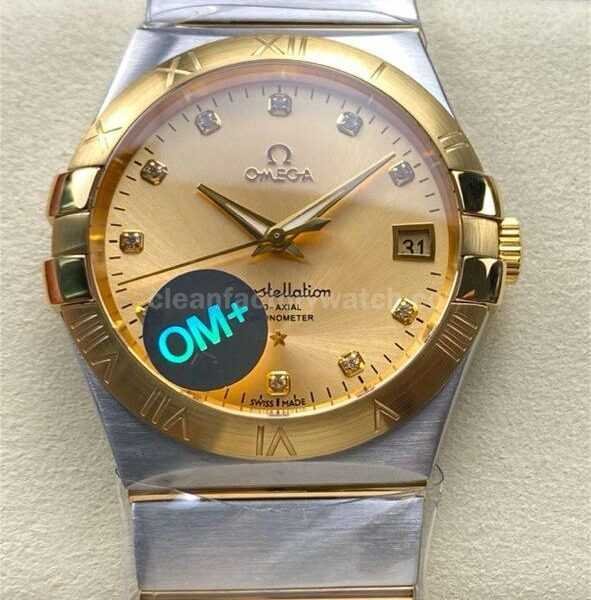 OM+ Factory Omega Constellation Men 123.20.38.21.58.001 38mm Gold/Steel Diamond Gold Dial