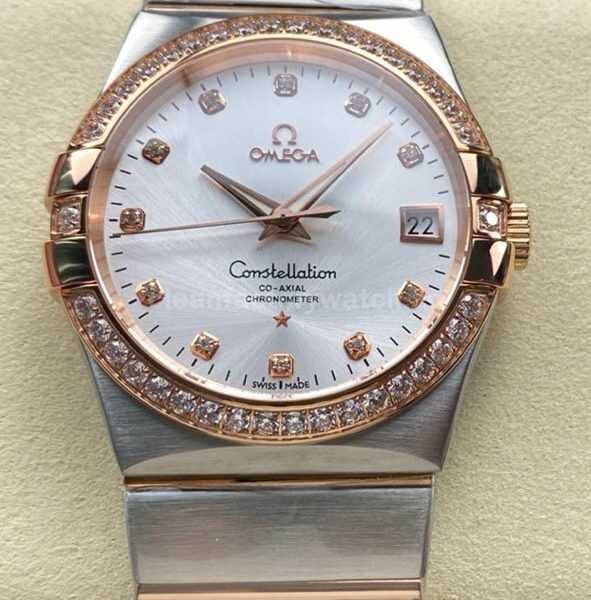 OM+ Factory Omega Constellation Men 123.25.38.21.52.001 38mm Diamond Bezel Rose Gold/Steel Diamond Silver Dial