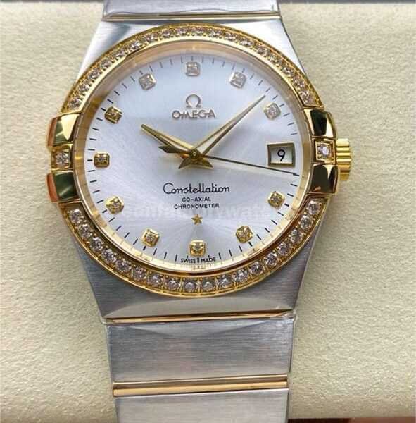 OM+ Factory Omega Constellation Men 123.25.38.21.52.001 38mm Diamond Bezel Yellow Gold/Steel Diamond Silver Dial