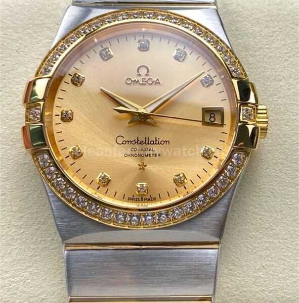 OM+ Factory Omega Constellation Men 123.25.38.21.58.001 38mm Diamond Bezel Gold/Steel Diamond Champagne Dial
