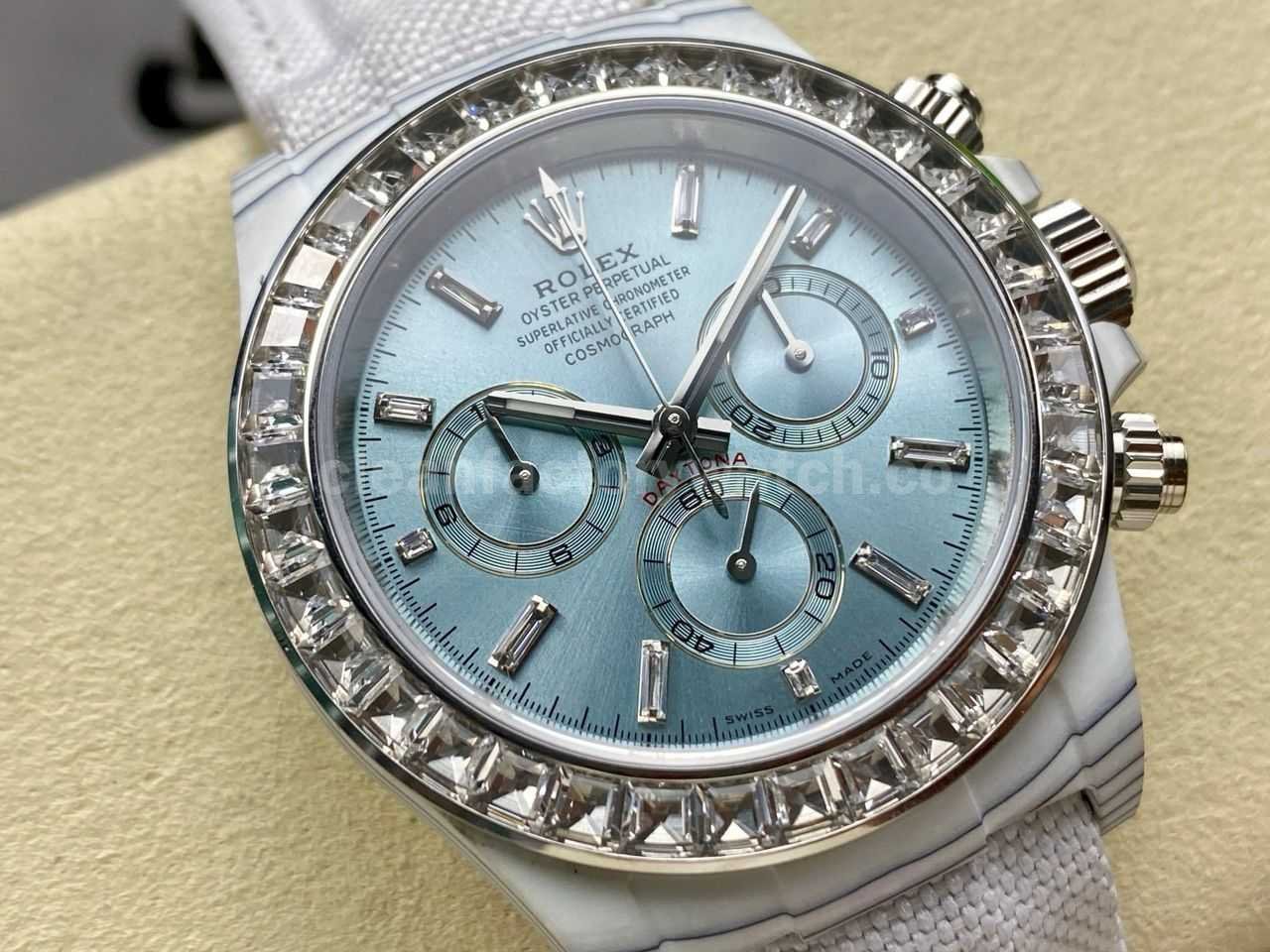 PPM Factory Rolex Daytona Modified 126506 Carbon Fiber Calf Skin Strap Diamond Baguette Ice Blue Dial (4)