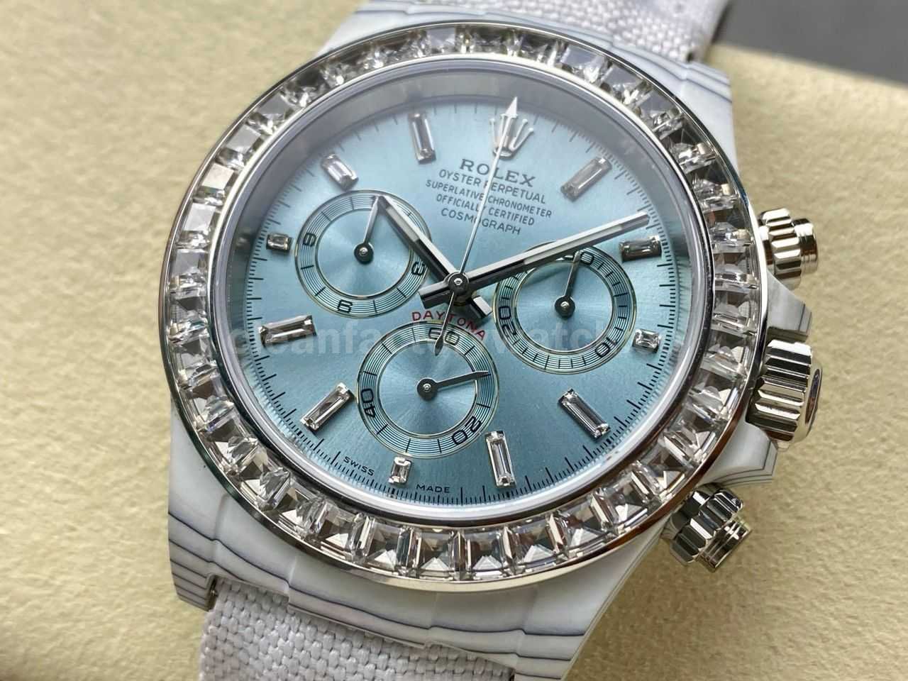 PPM Factory Rolex Daytona Modified 126506 Carbon Fiber Calf Skin Strap Diamond Baguette Ice Blue Dial (7)