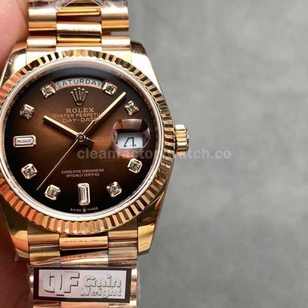 QF Factory Counterweight Rolex Day-Date 128235-0037 36mm Full Rose Gold Diamond Mope&Baguette Diamond Brown Dial