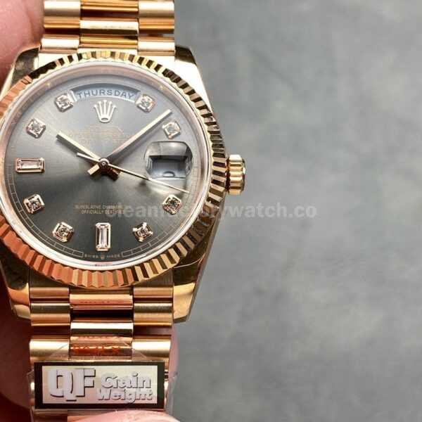 QF Factory Counterweight Rolex Day-Date 128235-0051 36mm Full Rose Gold Diamond Mope&Baguette Diamond Grey Dial