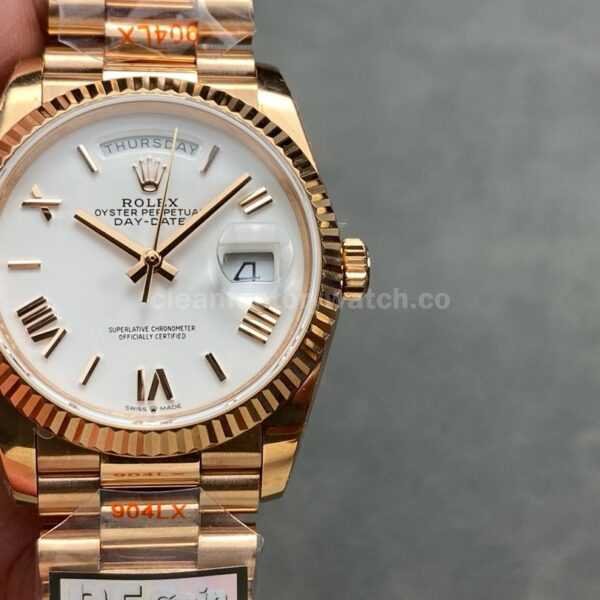 QF Factory Counterweight Rolex Day-Date 128235-0052 36mm Full Rose Gold Roman Numerals White Dial